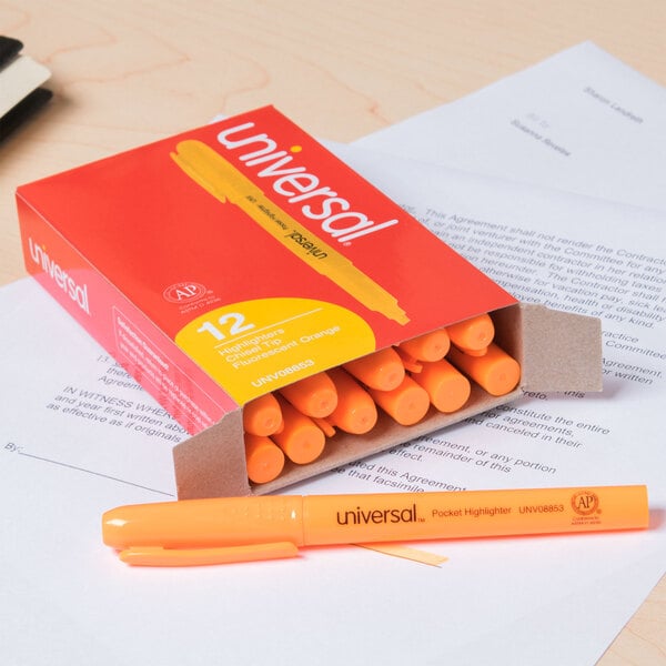 A box of Universal Fluorescent Orange Chisel Tip Highlighters on a table.