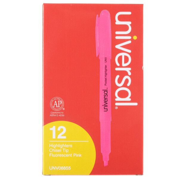 A Universal pink chisel tip highlighter pen in a box.
