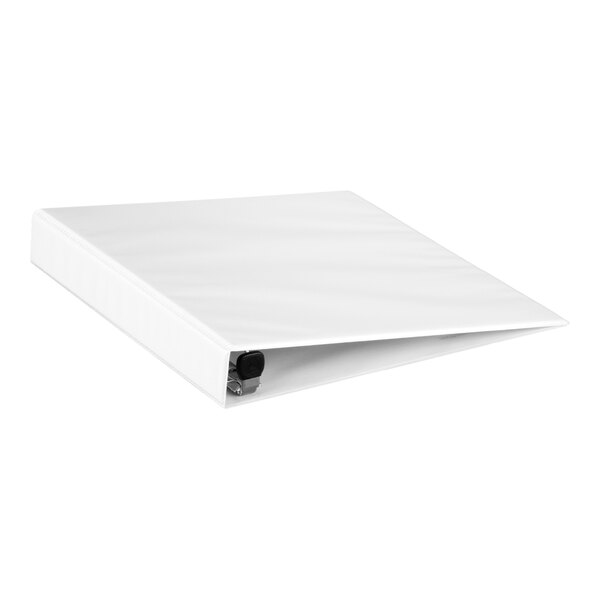 A white three-ring binder is shown partially open on a white background.