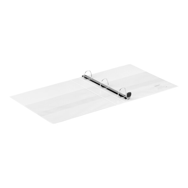 An open white three-ring binder with clear interior pockets and metal rings.