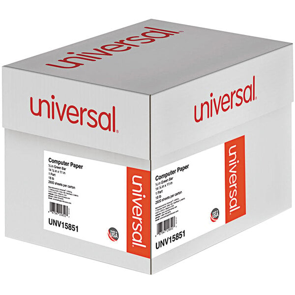 A green Universal case of 18 perforated continuous print paper.