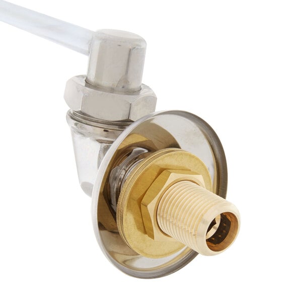 A close up of a brass and silver T&S wok range faucet nozzle.