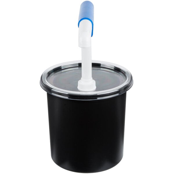 A white plastic container with a black lid.