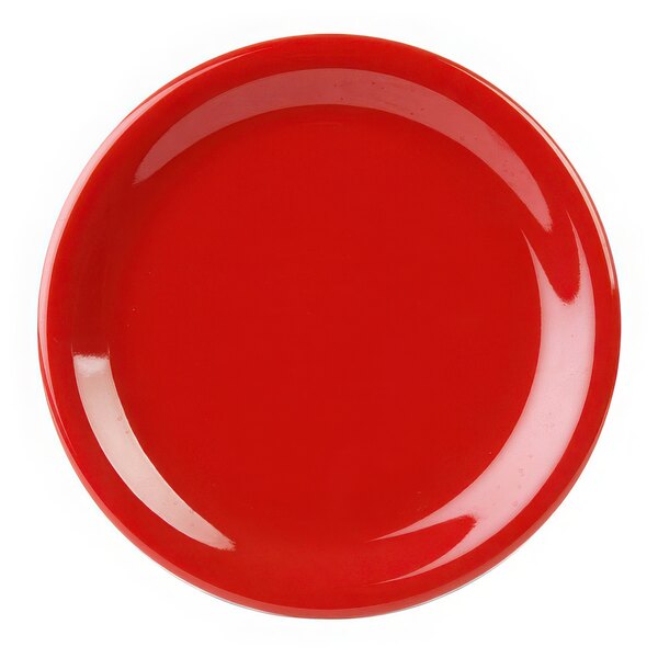 A red plate with a white surface and border.