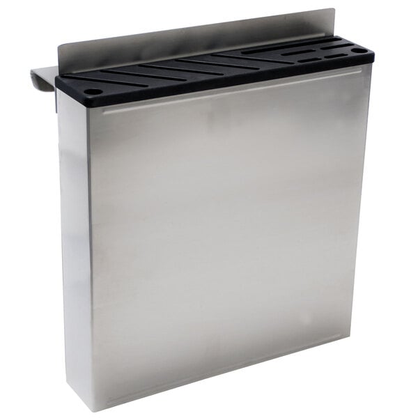 A silver rectangular knife rack with a black top.