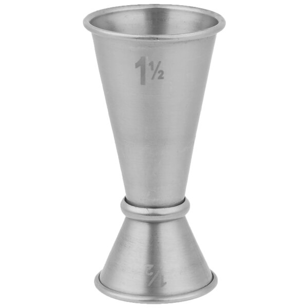 A stainless steel Japanese style jigger with numbers on the inside.