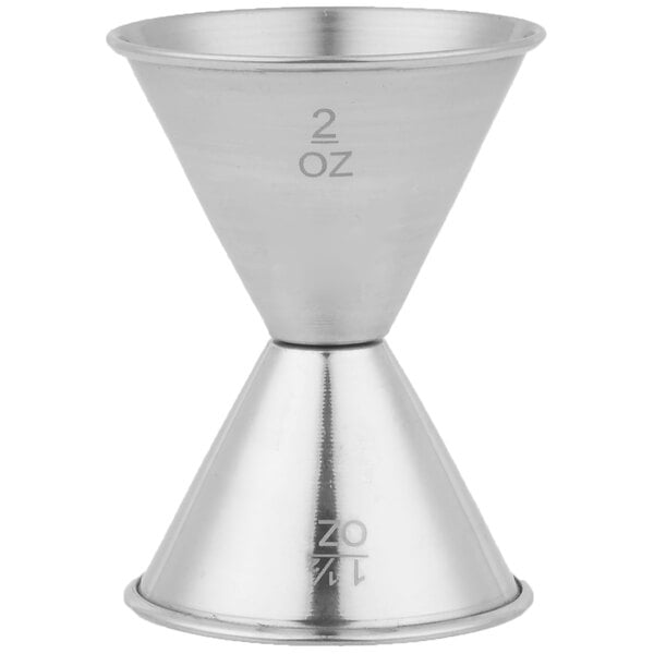 An American Metalcraft stainless steel jigger with numbers for 1.5 and 2 oz. measurements.