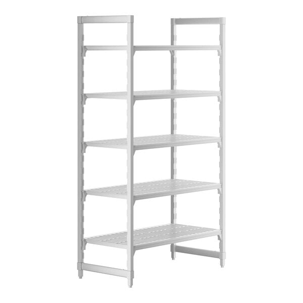 A white plastic Cambro Camshelving Premium shelving unit with 5 vented shelves.