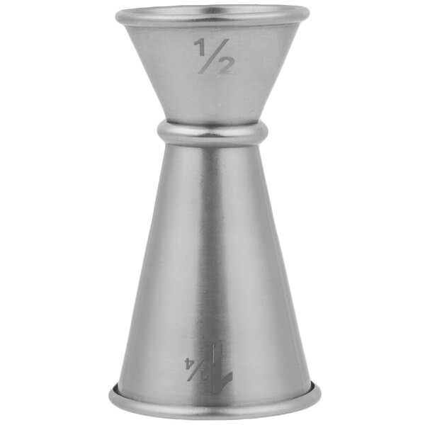 A stainless steel American Metalcraft Japanese style jigger with numbers on a white surface.