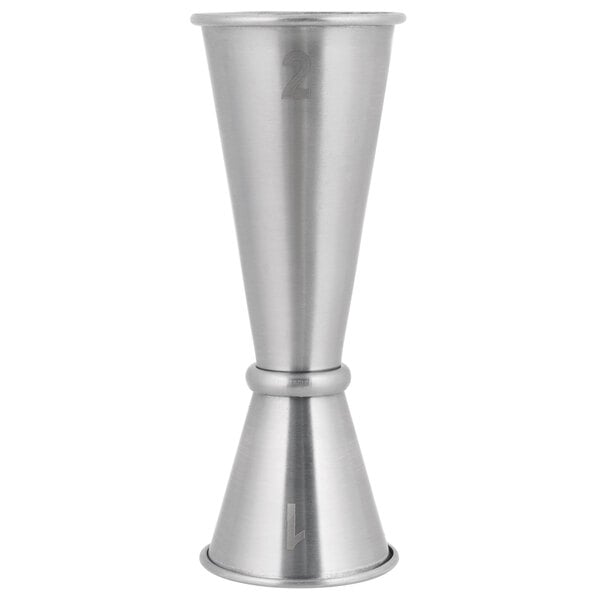 An American Metalcraft stainless steel Japanese style jigger with numbers on a white background.