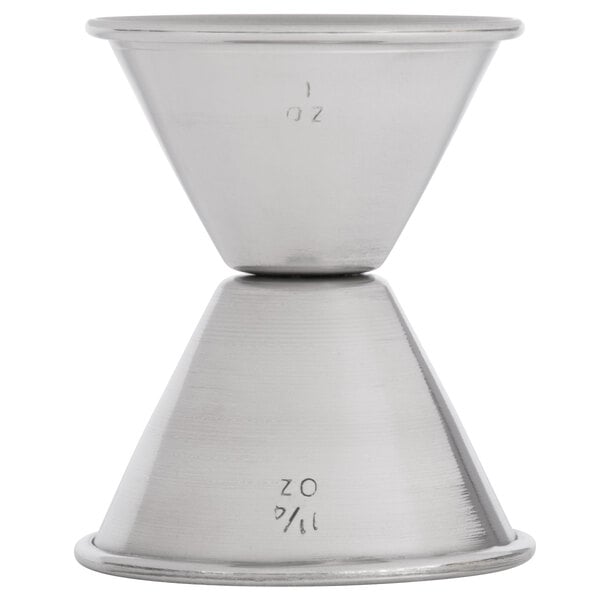 A stainless steel American Metalcraft jigger with two measurements.