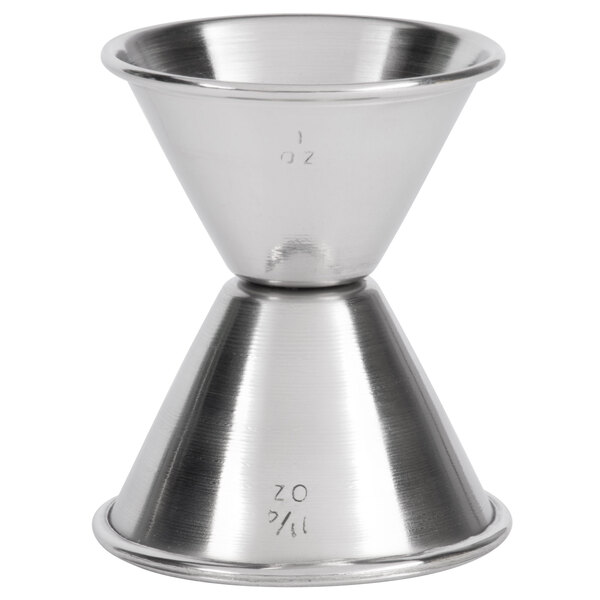 An American Metalcraft stainless steel jigger with two different sized cups on each end.