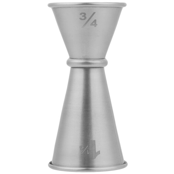 An American Metalcraft stainless steel Japanese style jigger with numbers on a white background.