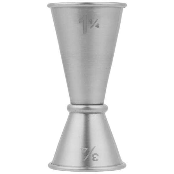 An American Metalcraft stainless steel Japanese jigger with numbers on the inside.