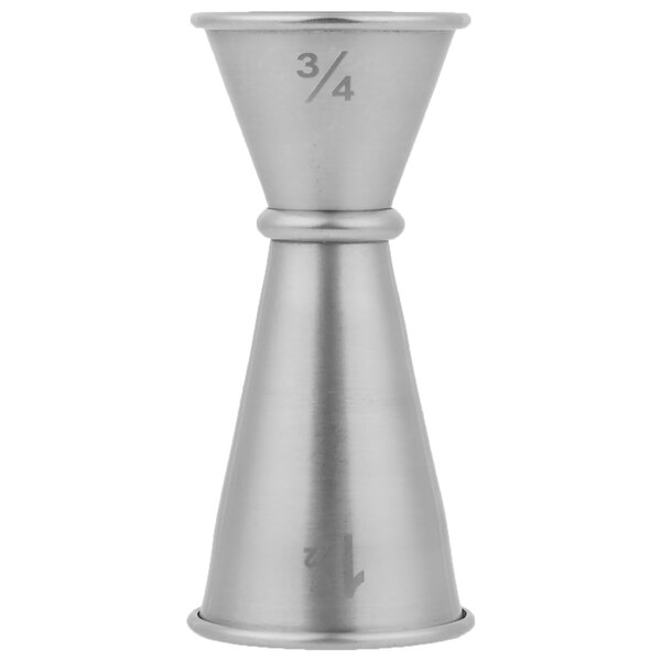 An American Metalcraft stainless steel Japanese style jigger with numbers and lines.