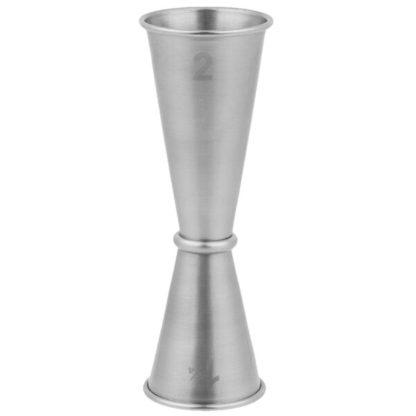 A stainless steel Japanese style jigger with numbers on the cups.