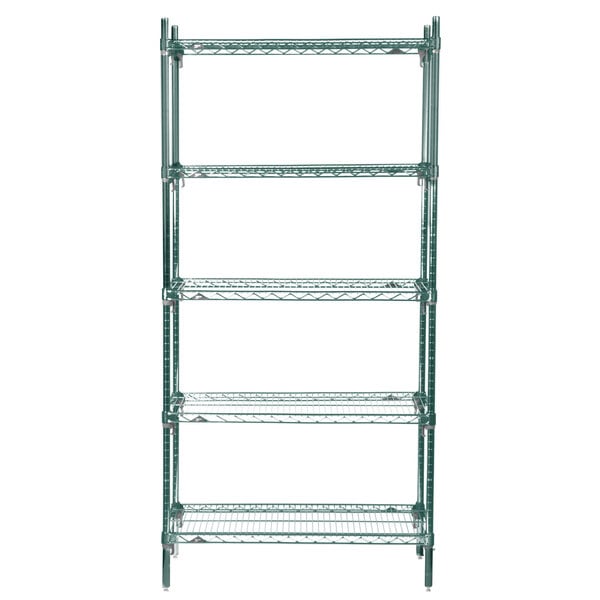 A green Metro Super Erecta wire shelving unit with four shelves.