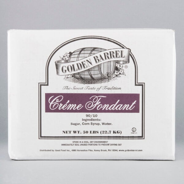 A white box of Golden Barrel Creme Fondant with a logo on it.
