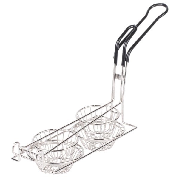 A Tablecraft metal fry basket with two double taco cups inside.