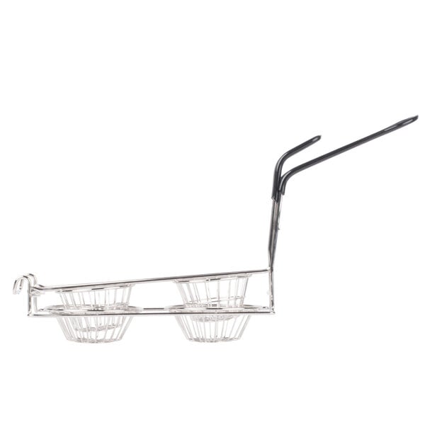 A Tablecraft metal fry basket with two taco cups inside.