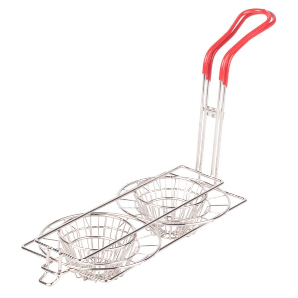 A Tablecraft metal fry basket with two taco bowl compartments.