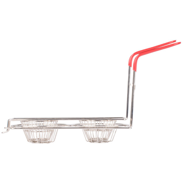 A Tablecraft metal fry basket with two red handles.