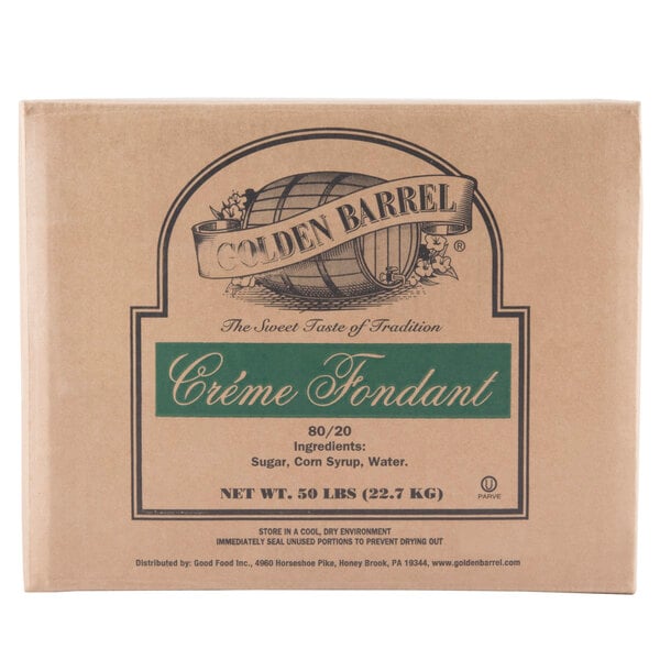 A brown box of Golden Barrel Creme Fondant with a green label.