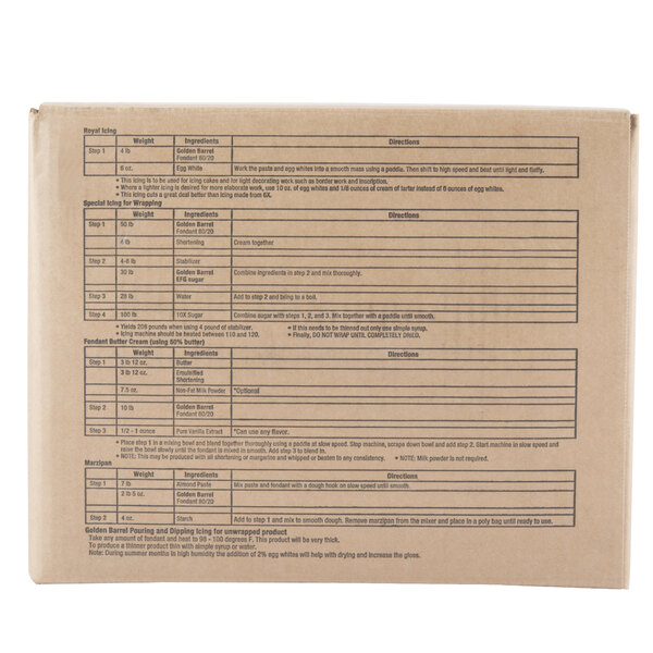 A white cardboard box of Golden Barrel 80/20 Creme Fondant with a white label.