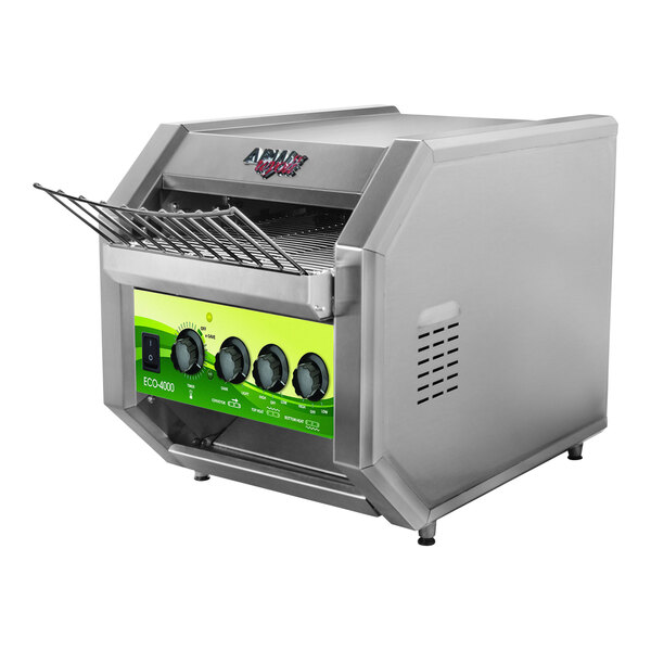 An APW Wyott conveyor toaster with analog controls and a green label.