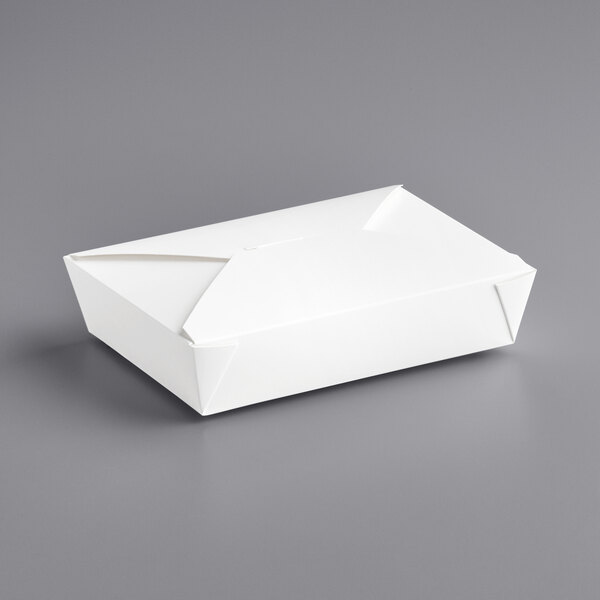A Choice white microwavable folded paper take-out container.