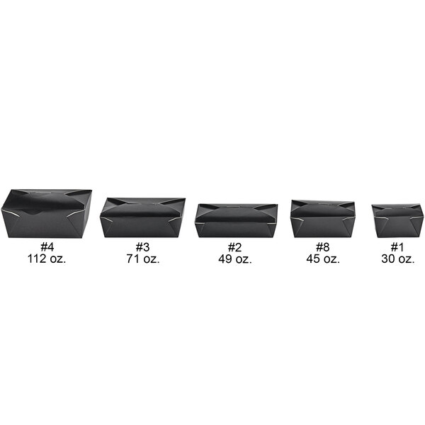 A row of black Choice folded paper take-out containers.