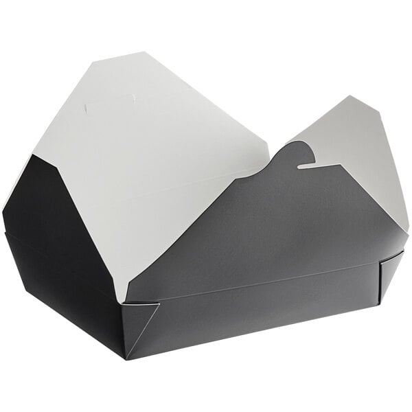 A black and white Choice take-out box with a lid.