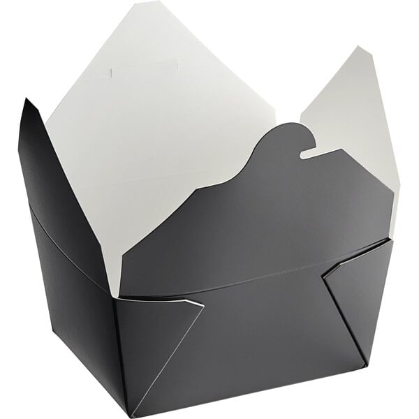 A black folded paper take-out box with black and white writing.