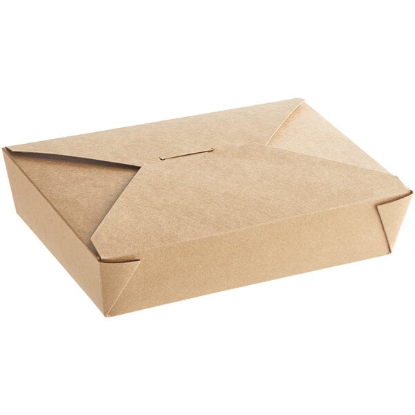 A brown Kraft paper take-out box with a lid.