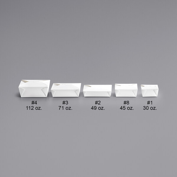 A row of white Choice paper take-out containers on a white surface.