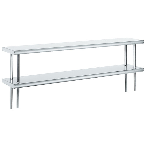 A white rectangular Advance Tabco stainless steel shelving unit with metal legs and two shelves.