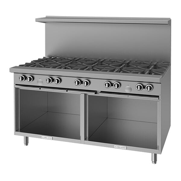A large stainless steel commercial range with ten burners and two open storage bases.
