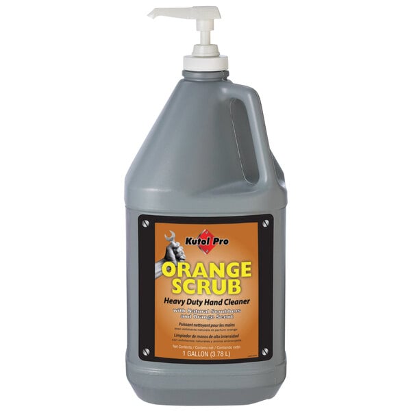 A grey Kutol Pro bottle of orange scrub hand soap with a pump.