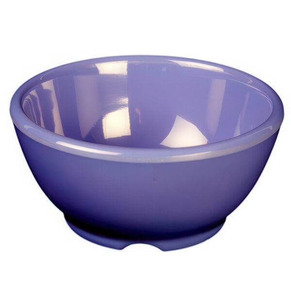 A close-up of a purple Thunder Group melamine soup bowl with a white rim.