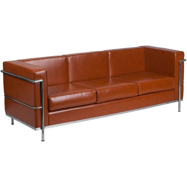 A Flash Furniture Hercules Regal Cognac leather sofa with chrome legs.