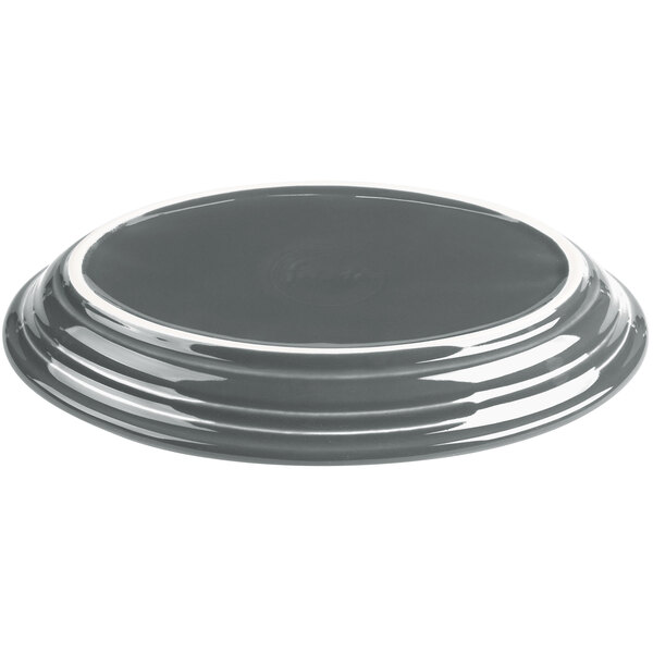 A grey Fiesta china platter with a white rim.