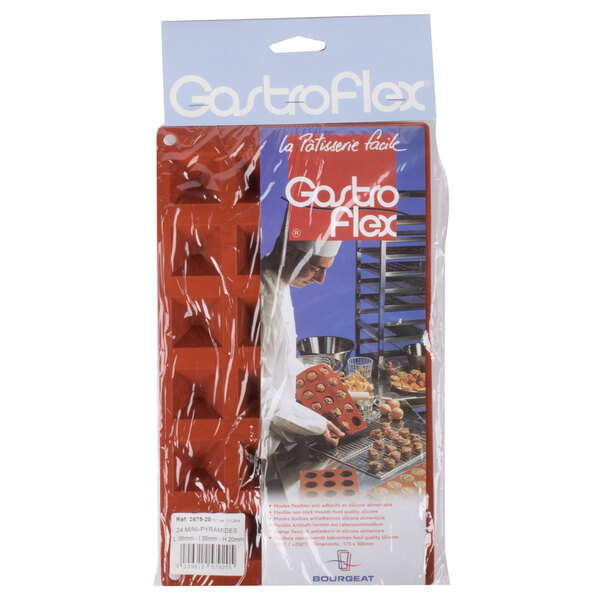 A plastic package of orange Matfer Bourgeat mini pyramid silicone molds.