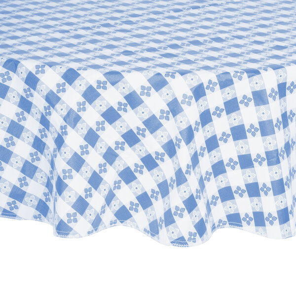 60" Round BlueCheckered Vinyl Table Cover with Flannel Back