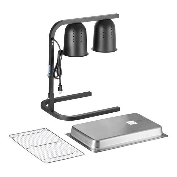 A black two-bulb free standing heat lamp food warmer with a metal pan and wire grate.