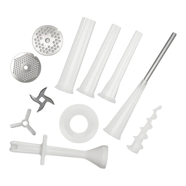 A circular metal meat grinder plate with holes in it.