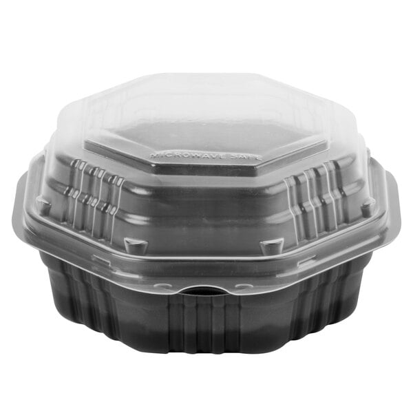 A Solo black plastic hinged take-out container with a lid.