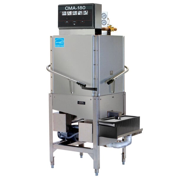 A CMA Dishmachines single rack corner dishwasher with a stainless steel cabinet.
