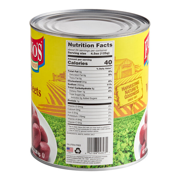 A large can of Furmano's whole red beets with a nutrition facts label on the side.