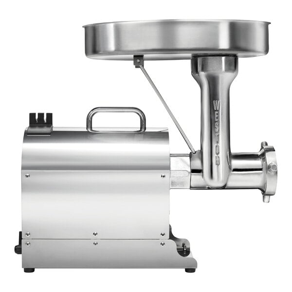 A close-up of a Weston stainless steel meat grinder with a round lid.