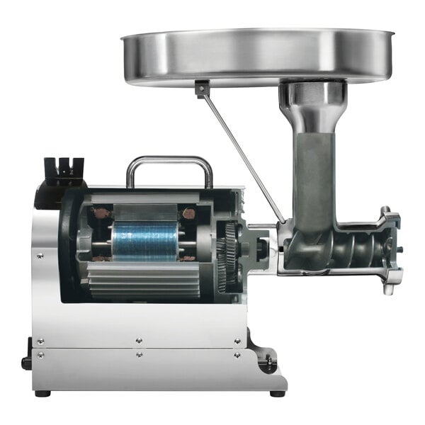 A Weston stainless steel electric meat grinder with a round metal bowl.